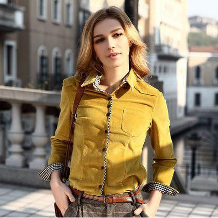 Women Shirt Slim Style Corduroy Blouse Long Sleeve Removable Collar