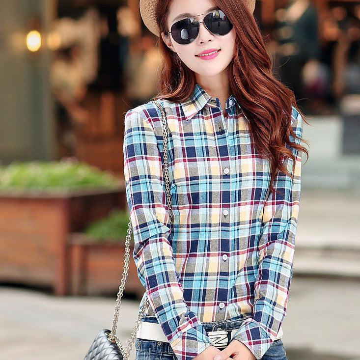 Fashion Casual Lapel Plus Size Blouses women plaid shirt Checks Flannel Shirts Female Long Sleeve Tops Blouse
