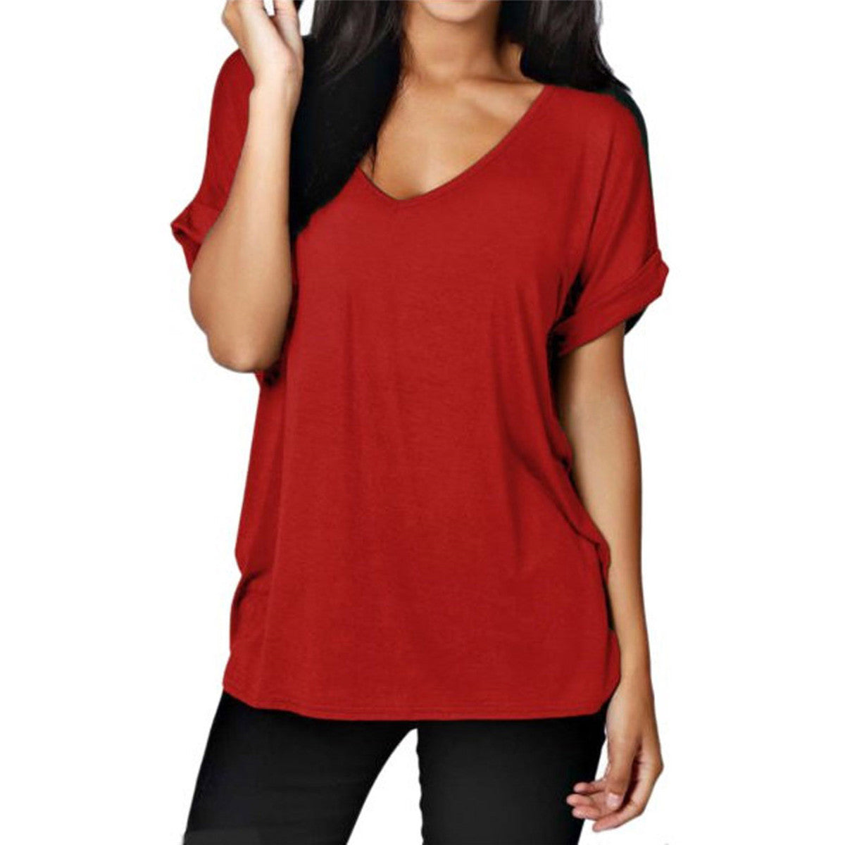 Online discount shop Australia - Fashion Sexy V Neck Short Sleeve Women Blouses Loose Solid Tops Plus Size