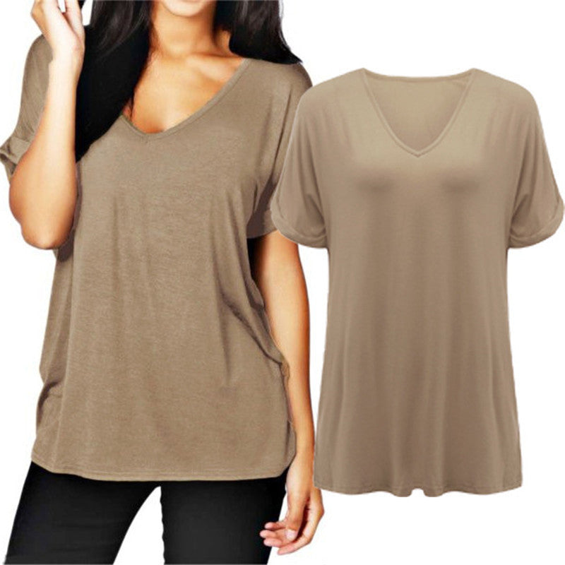 Online discount shop Australia - Fashion Sexy V Neck Short Sleeve Women Blouses Loose Solid Tops Plus Size