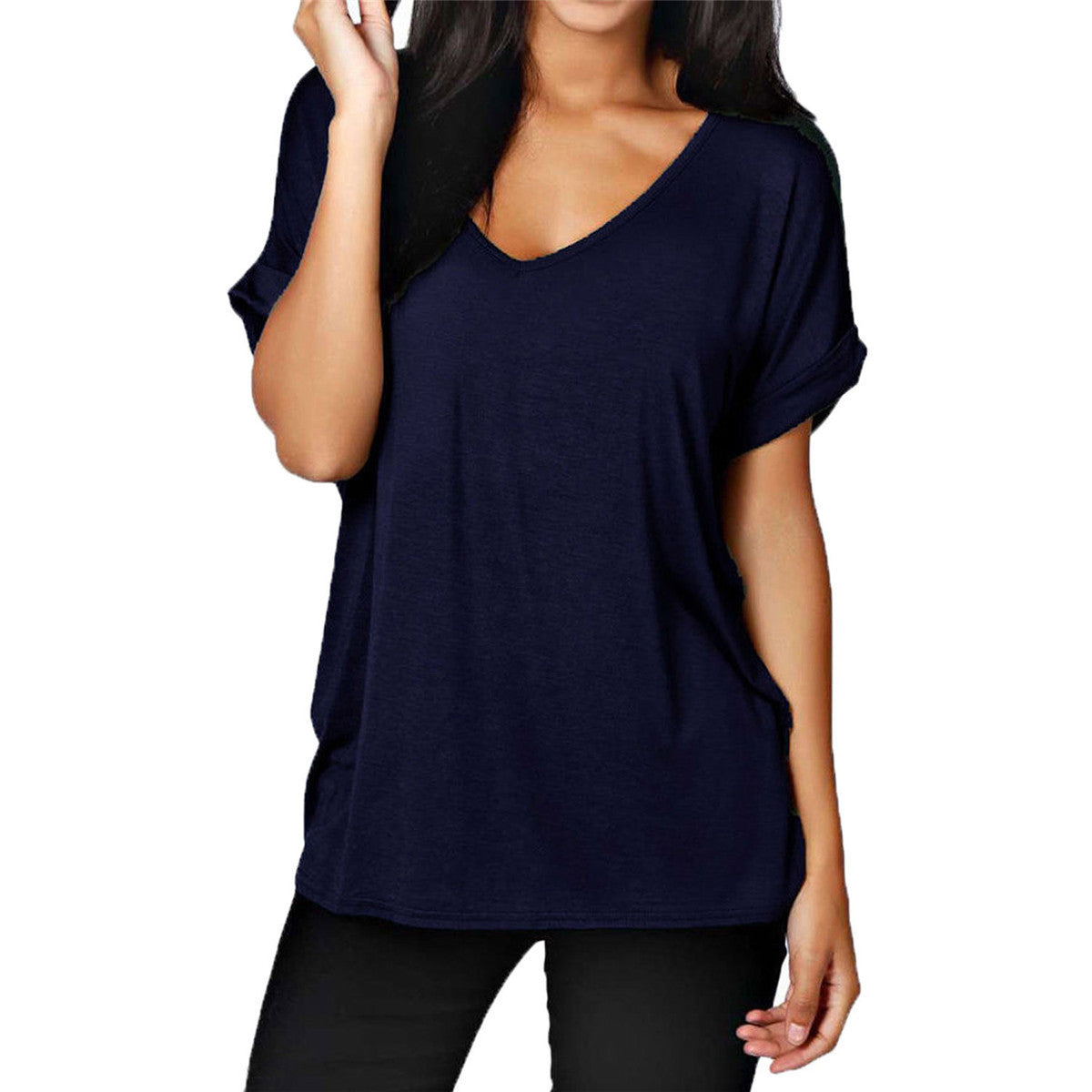 Online discount shop Australia - Fashion Sexy V Neck Short Sleeve Women Blouses Loose Solid Tops Plus Size