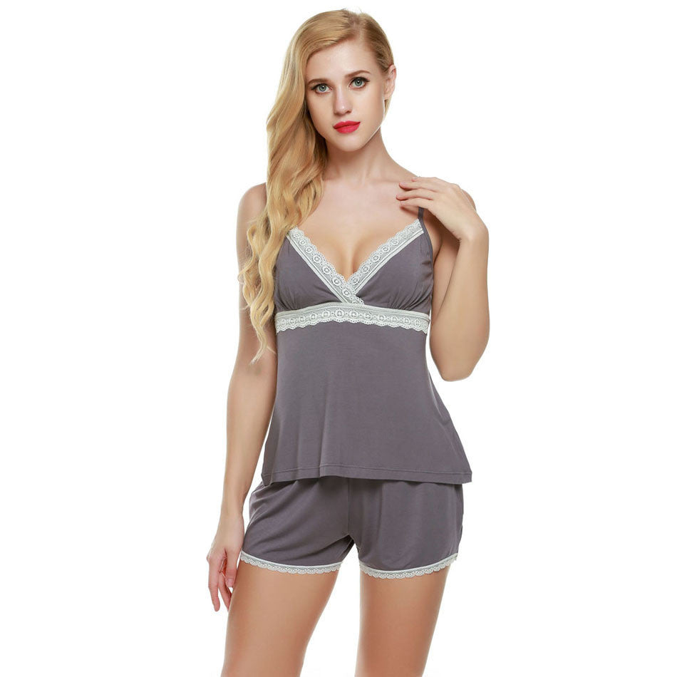 Pajamas sets Cotton women pajama of Halter top with Sleep Shorts Solid Lace Lady Nightgown Home Clothes