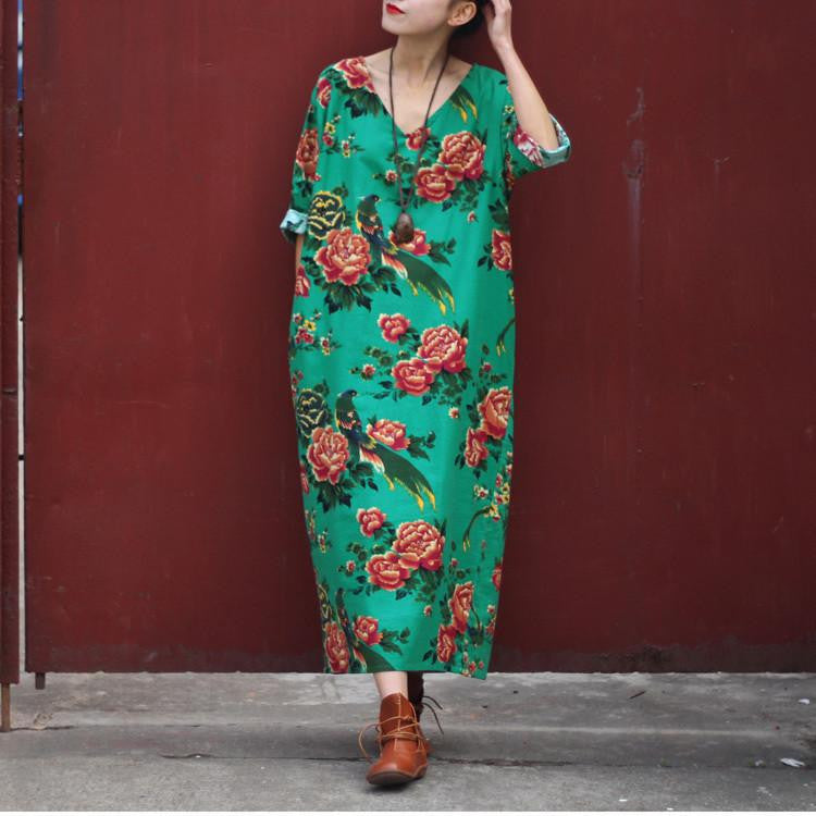 Women Dress Summer Linen V-neck Vintage Print Long-sleeve Loose-waist Hem Split Long Maxi Vintage Dress 0144