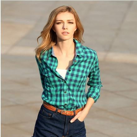 Women's Plaid Shirt Fashion Tops Slim Fit Casual Cotton Blouse