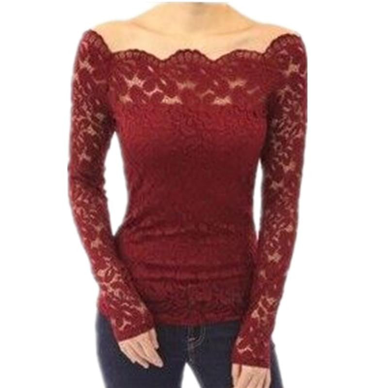 Women Off Shoulder Slash Neck Lace Crochet Solid Shirts Long Sleeve Slim Casual Basic Tops Blouses