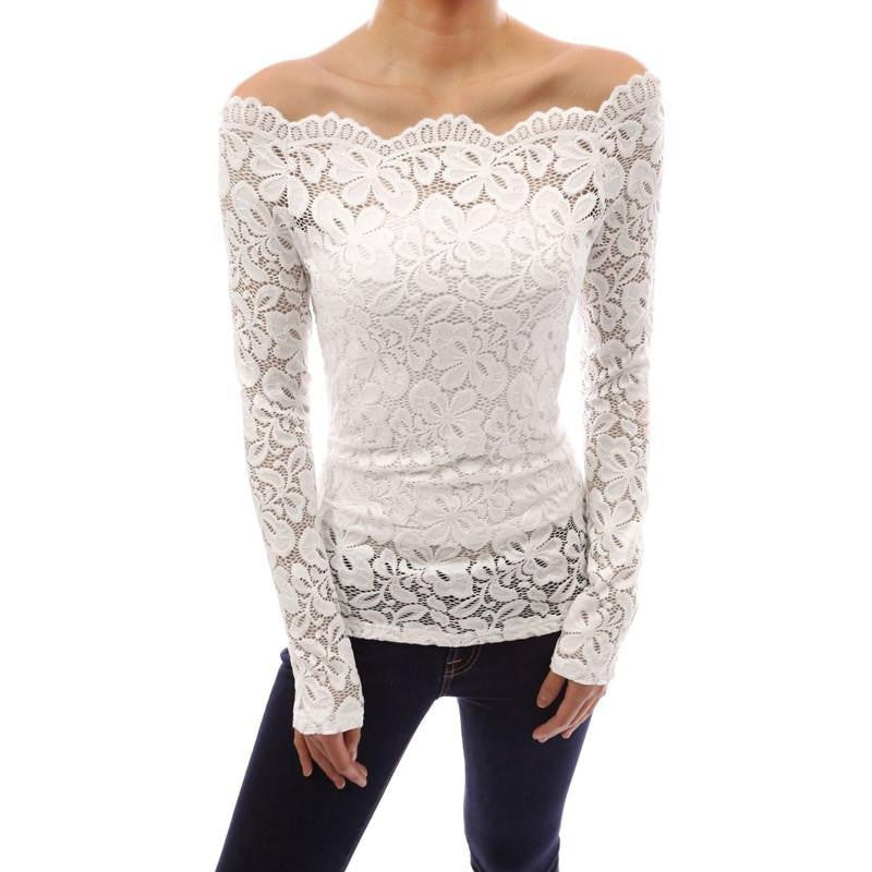 Women Off Shoulder Slash Neck Lace Crochet Solid Shirts Long Sleeve Slim Casual Basic Tops Blouses