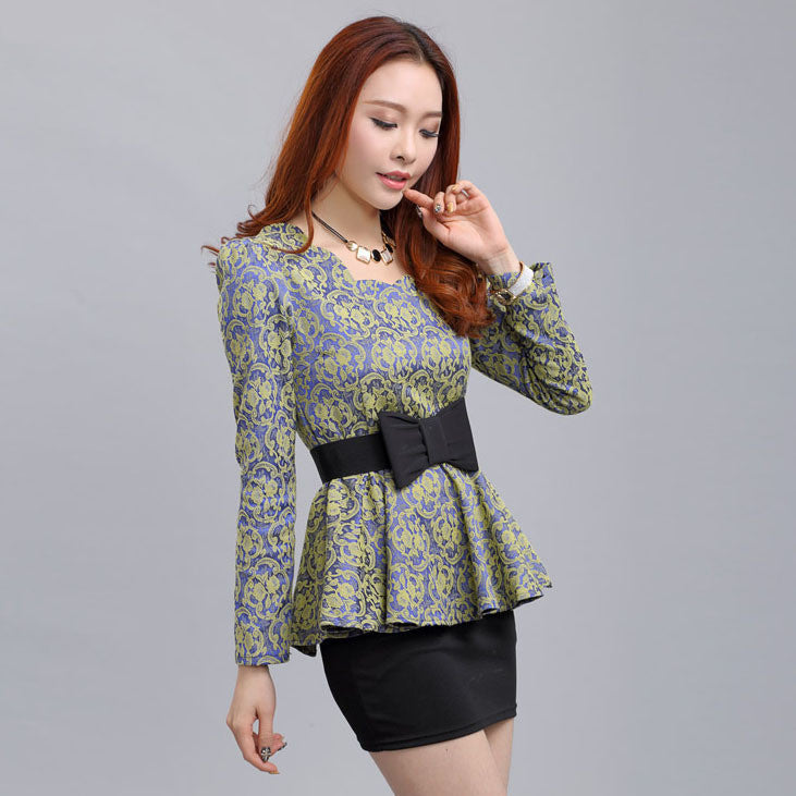 Women blouses Retro Fashion casual long-sleeved Lace Tops Slim lady temperament Ruffles shirt bow belt