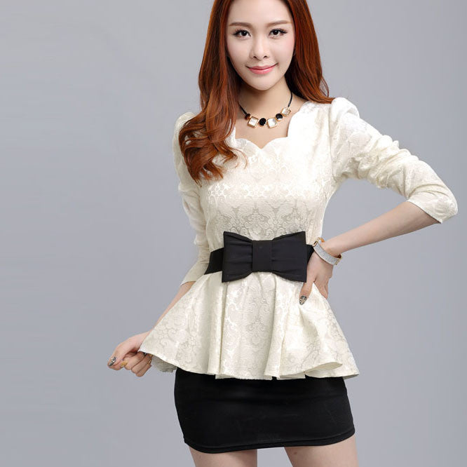 Women blouses Retro Fashion casual long-sleeved Lace Tops Slim lady temperament Ruffles shirt bow belt