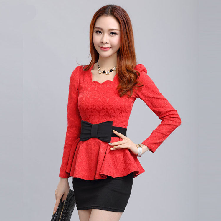 Women blouses Retro Fashion casual long-sleeved Lace Tops Slim lady temperament Ruffles shirt bow belt