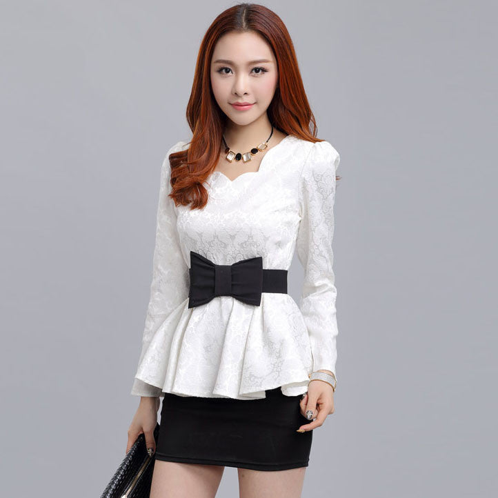 Women blouses Retro Fashion casual long-sleeved Lace Tops Slim lady temperament Ruffles shirt bow belt