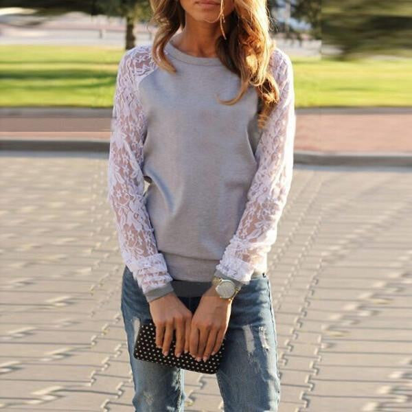 Women Lace Blouse Casual Crochet Patchwork Long Sleeve Slim Shirts Tops Plus Size S-XXXL