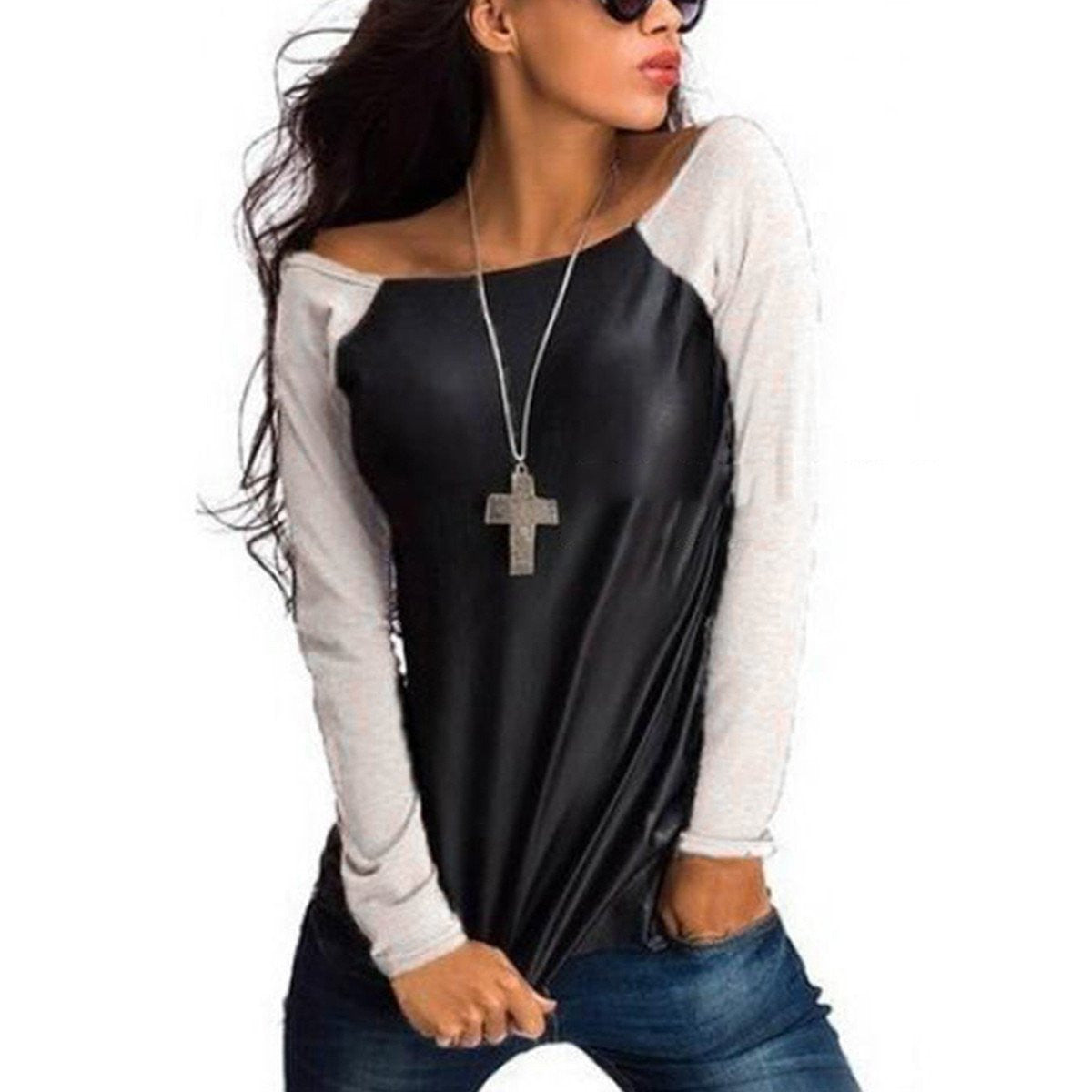 Women Shirts Long Sleeve PU Leather Patchwork Blouses Fashion Casual Loose Tops Plus Size