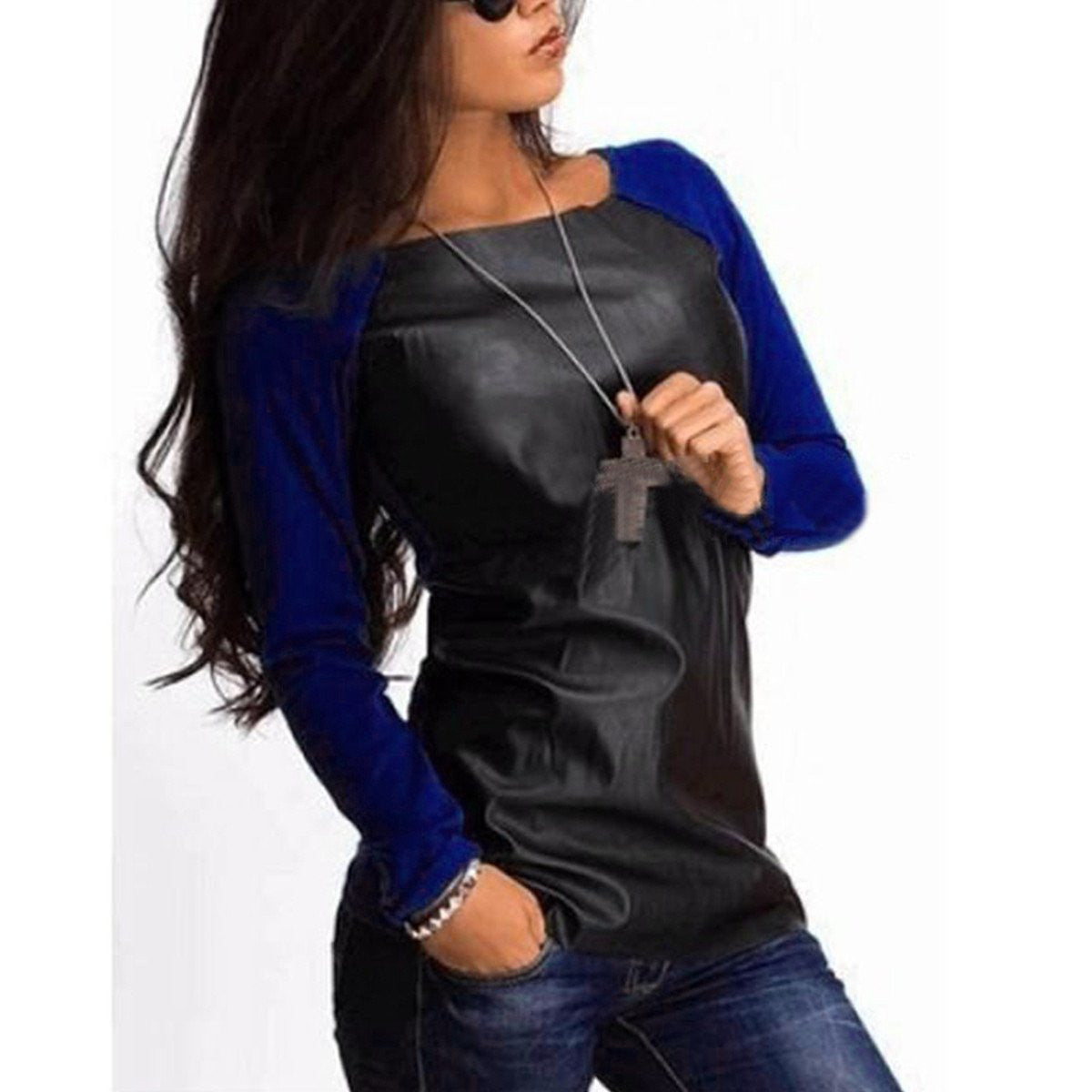 Women Shirts Long Sleeve PU Leather Patchwork Blouses Fashion Casual Loose Tops Plus Size
