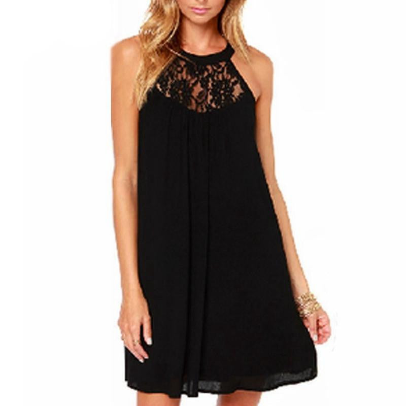 Women Casual Lace Chiffon Dresses Sleeveless Loose Party Mini Solid Dress Vestidos Plus Size