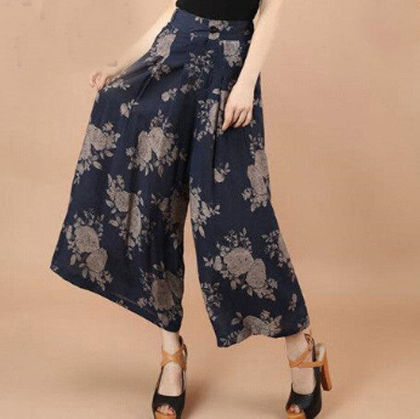 Plus size Summer Women Print Flower Pattern Wide Leg Loose Linen Dress Pants Female Casual Skirt Trousers