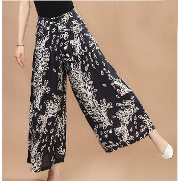 Plus size Summer Women Print Flower Pattern Wide Leg Loose Linen Dress Pants Female Casual Skirt Trousers