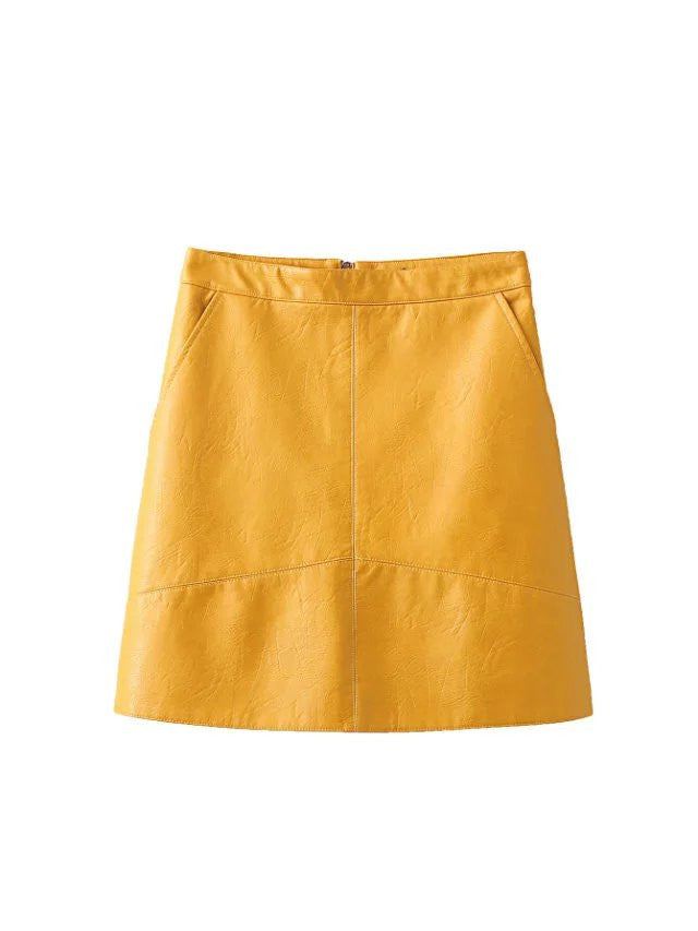 PU faux leather women skirt pink yellow black back zipper