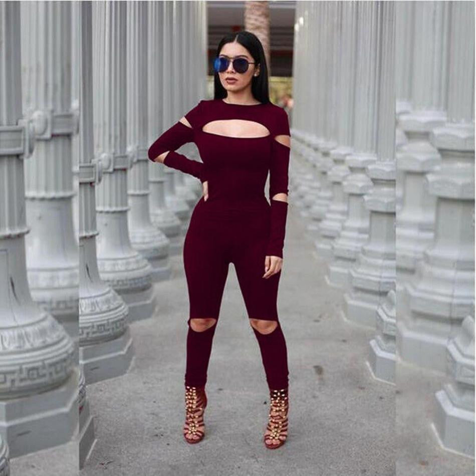 Women Bodycon Jumpsuit Long Sleeve Hollow Out Fahion Club Overalls Bodysuit Rompers Womens Jumpsuits