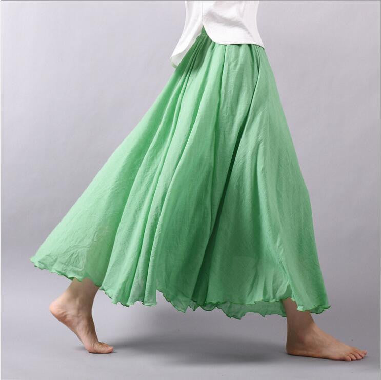 Women Linen Cotton Long Skirts Elastic Waist Pleated Literary style Vintage Skirts