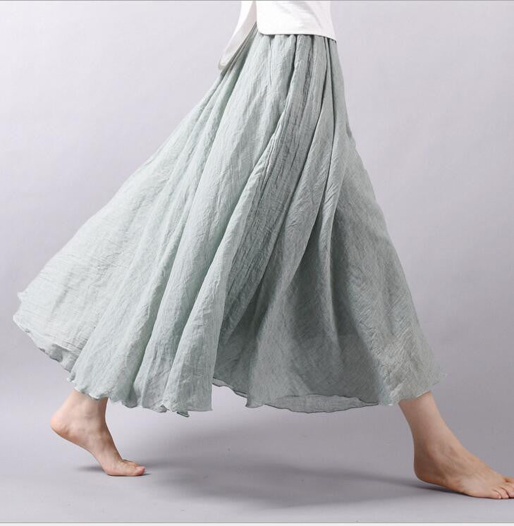 Women Linen Cotton Long Skirts Elastic Waist Pleated Literary style Vintage Skirts