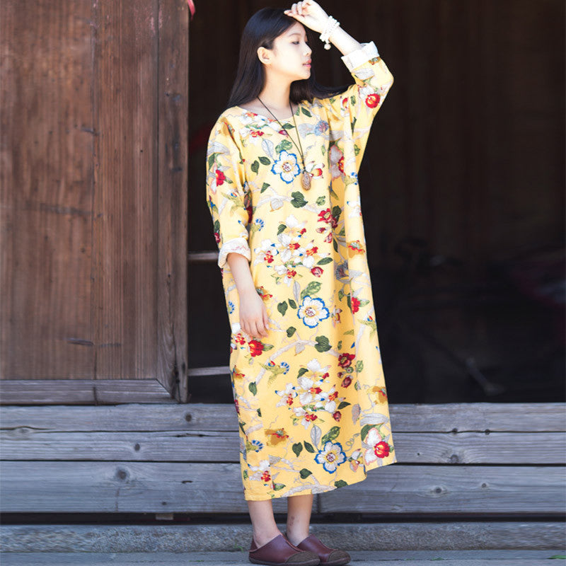 Online discount shop Australia - Dress O-neck Flower Print with Butterfly Loose Casual Linen Dresses Vintage Women Dress Vestidos S36