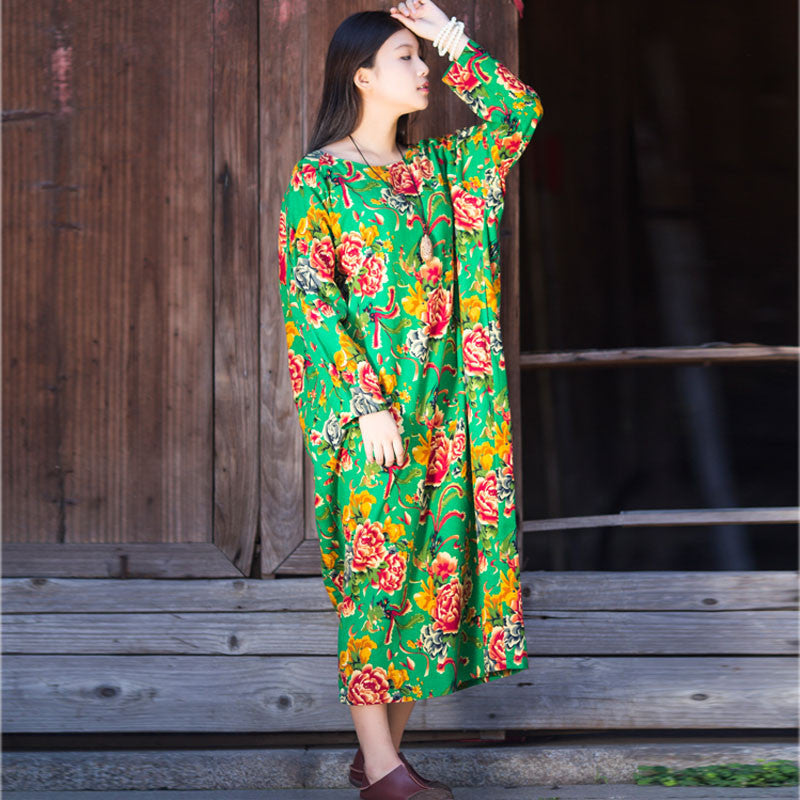 Online discount shop Australia - Dress O-neck Flower Print with Butterfly Loose Casual Linen Dresses Vintage Women Dress Vestidos S36