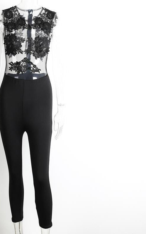 Online discount shop Australia - Glamaker floral sheer lace sexy jumpsuit women Elegant zipper fitness jumpsuit romper party long pants overalls