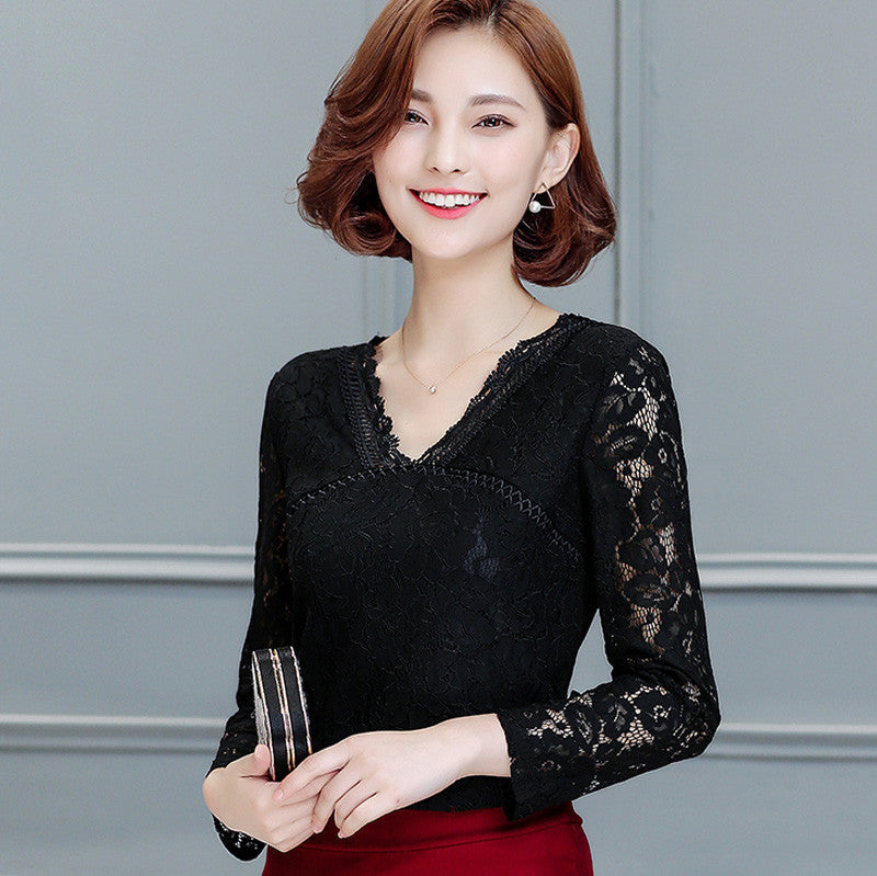 Women lace tops Fashion Elegant Slim Long-sleeved Women blouse shirt Solid color Plus size women