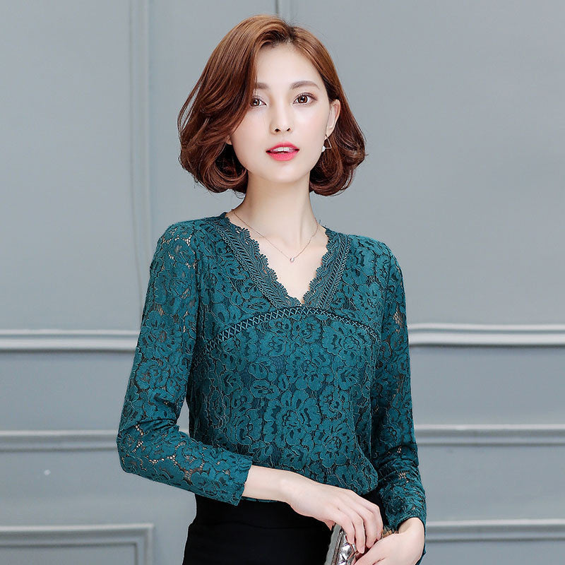 Women lace tops Fashion Elegant Slim Long-sleeved Women blouse shirt Solid color Plus size women