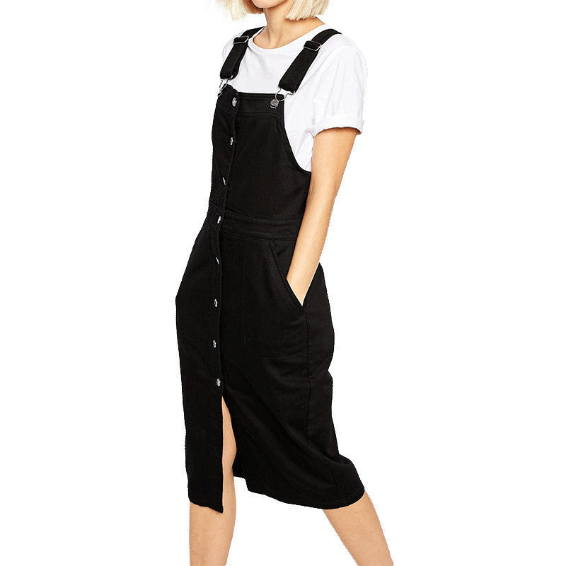 Online discount shop Australia - HDY Haoduoyi Autumn Women Fashion Solid Black Single Buttons Pencil Dress High Waist Casual Loose Brief Strap Dress