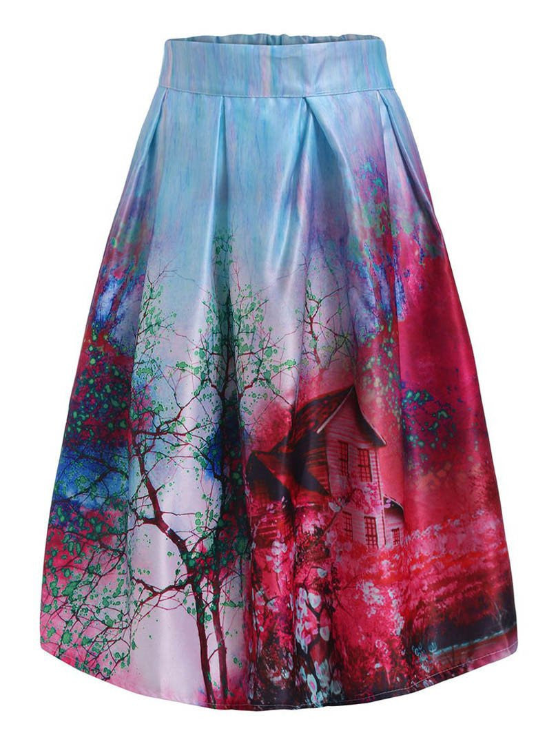 Skater Skirt Vintage Charm Lady Multi Scene Print Pleated Midi Office Skirt Tutu Elegant Womens Skirts