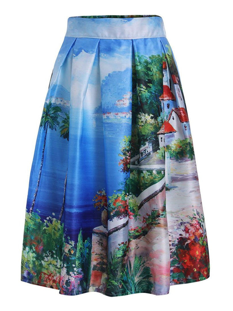 Skater Skirt Vintage Charm Lady Multi Scene Print Pleated Midi Office Skirt Tutu Elegant Womens Skirts