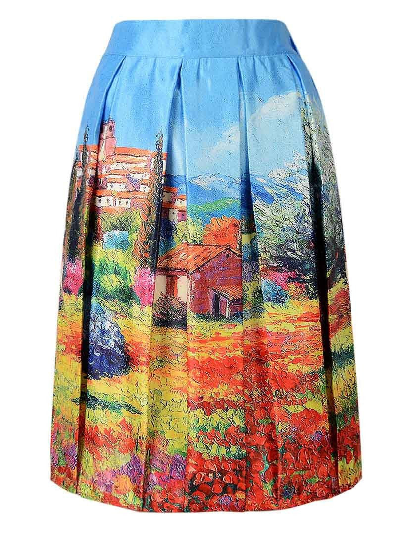 Skater Skirt Vintage Charm Lady Multi Scene Print Pleated Midi Office Skirt Tutu Elegant Womens Skirts