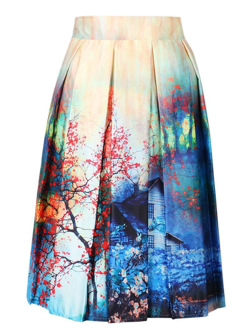 Skater Skirt Vintage Charm Lady Multi Scene Print Pleated Midi Office Skirt Tutu Elegant Womens Skirts