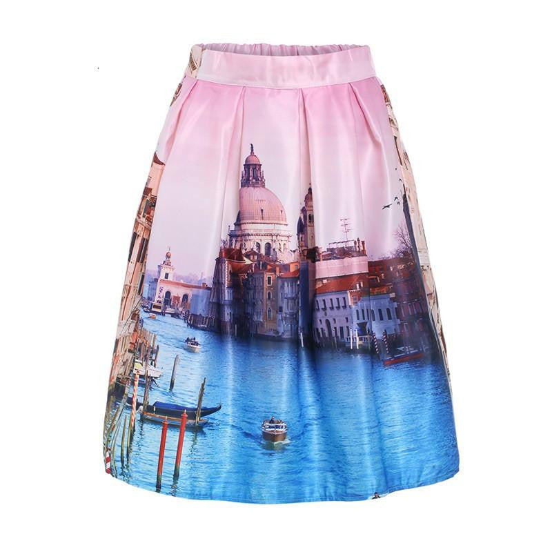 Skater Skirt Vintage Charm Lady Multi Scene Print Pleated Midi Office Skirt Tutu Elegant Womens Skirts