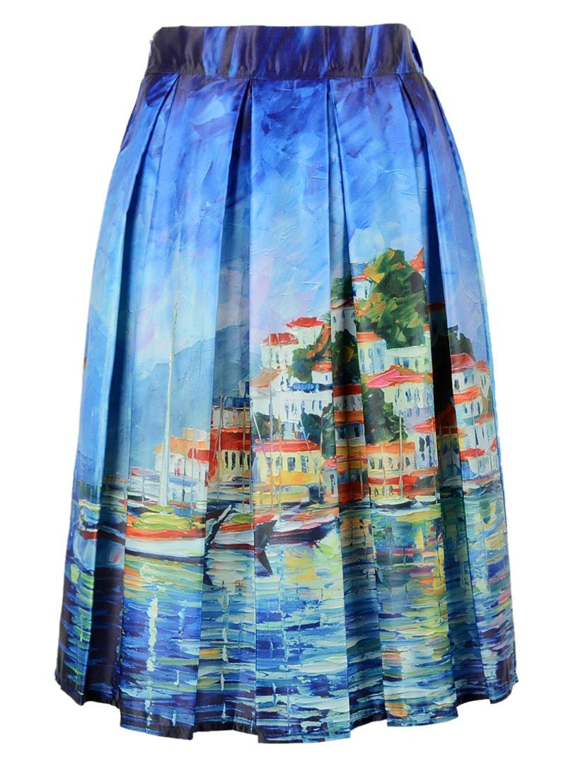 Skater Skirt Vintage Charm Lady Multi Scene Print Pleated Midi Office Skirt Tutu Elegant Womens Skirts