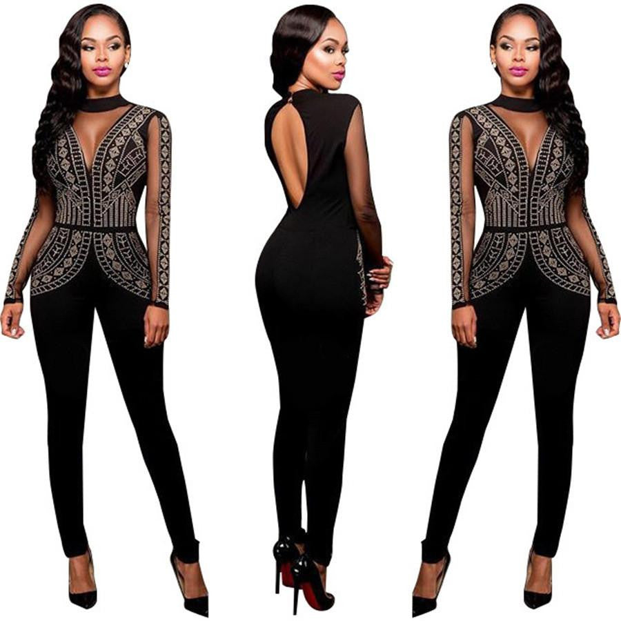 Womens Rompers Club Party Black Red blue O-neck Drilling Long Mesh Sleeves Bodycon Jumpsuit Plus Size