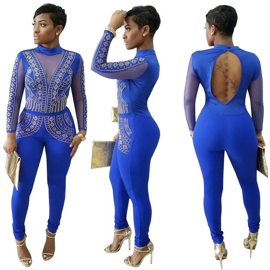 Womens Rompers Club Party Black Red blue O-neck Drilling Long Mesh Sleeves Bodycon Jumpsuit Plus Size