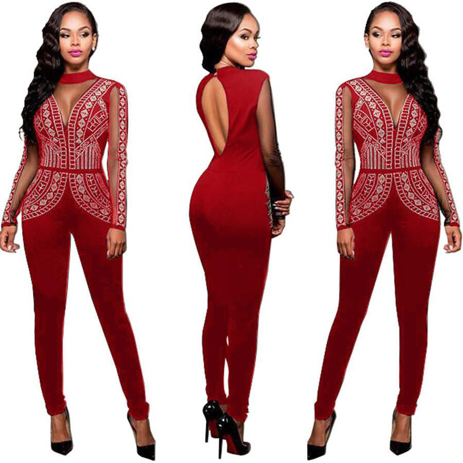 Womens Rompers Club Party Black Red blue O-neck Drilling Long Mesh Sleeves Bodycon Jumpsuit Plus Size