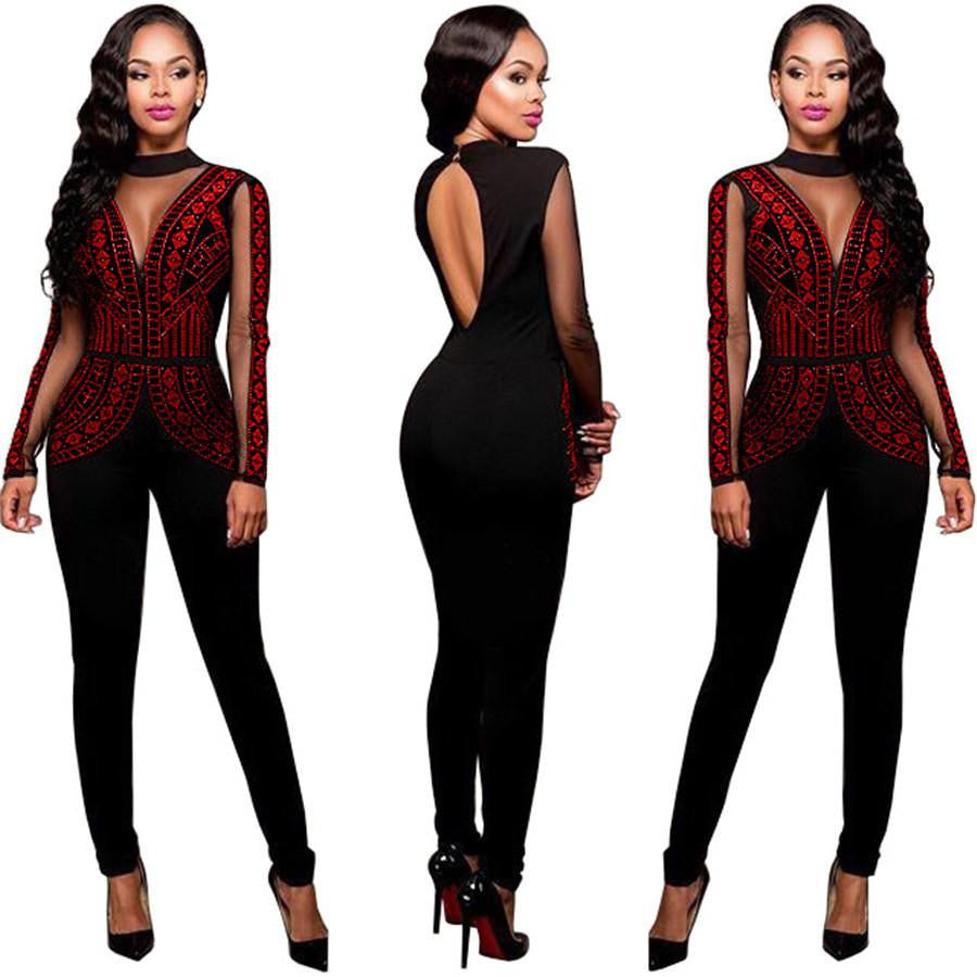 Womens Rompers Club Party Black Red blue O-neck Drilling Long Mesh Sleeves Bodycon Jumpsuit Plus Size