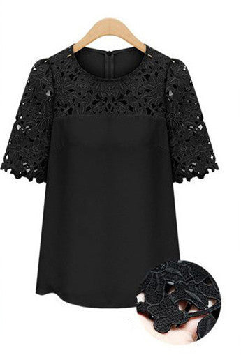 Online discount shop Australia - Fashion New Ladies Blouse O-Neck Soild Hollow Out Patchwork Loose Causal Lady Blouse Plus Size S-5XL