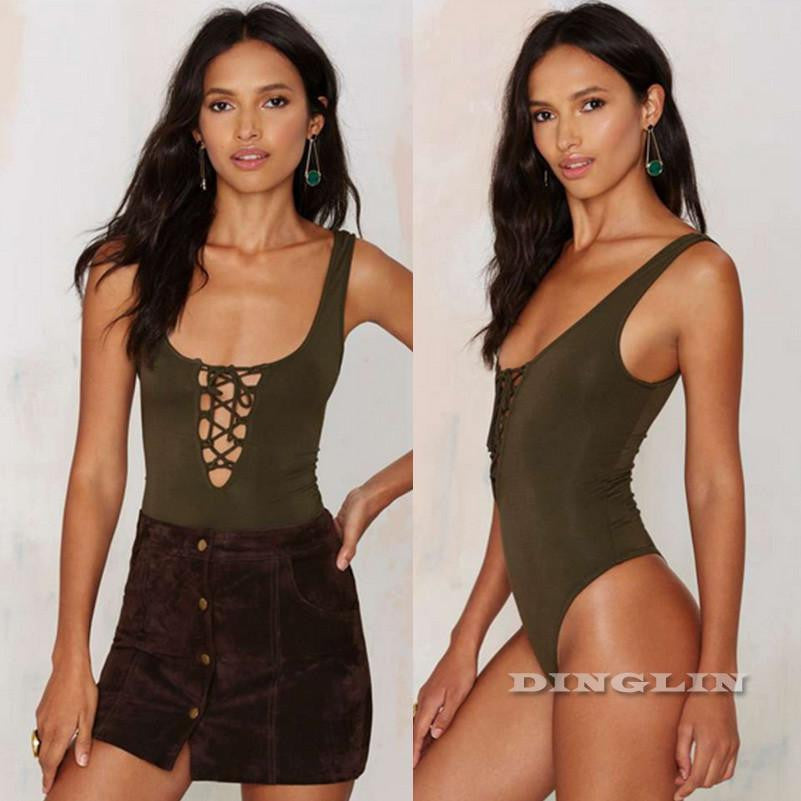 Plunge Lace-Up Tie V Neck Bodysuit Jumpsuit Leotard Tops Sleeveless Body Top Hollow Out Solid Shirt CL2478