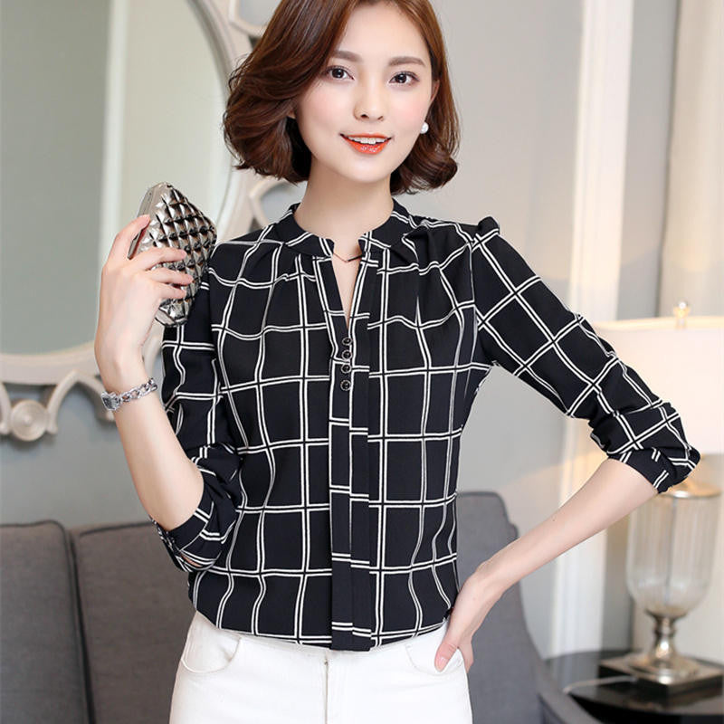 Chiffon Blouse Women Printed Plaid Shirts Long Sleeve Tops Plus Size Office Shirt