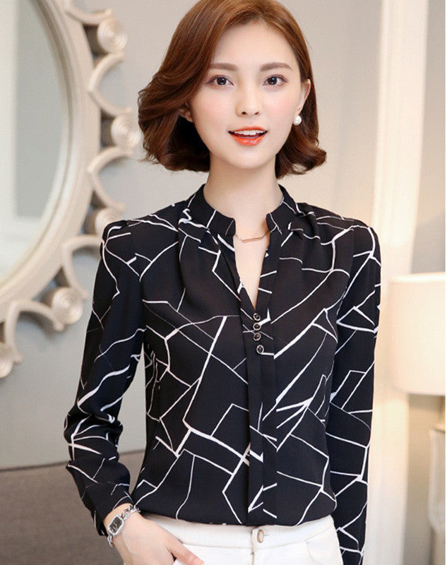 Chiffon Blouse Women Printed Plaid Shirts Long Sleeve Tops Plus Size Office Shirt