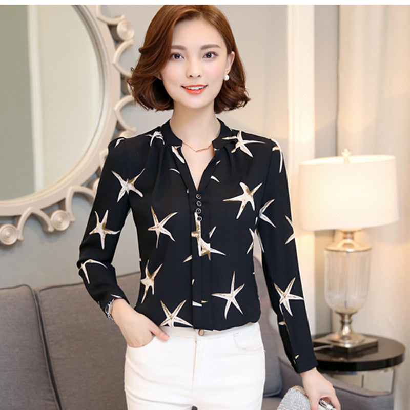 Chiffon Blouse Women Printed Plaid Shirts Long Sleeve Tops Plus Size Office Shirt