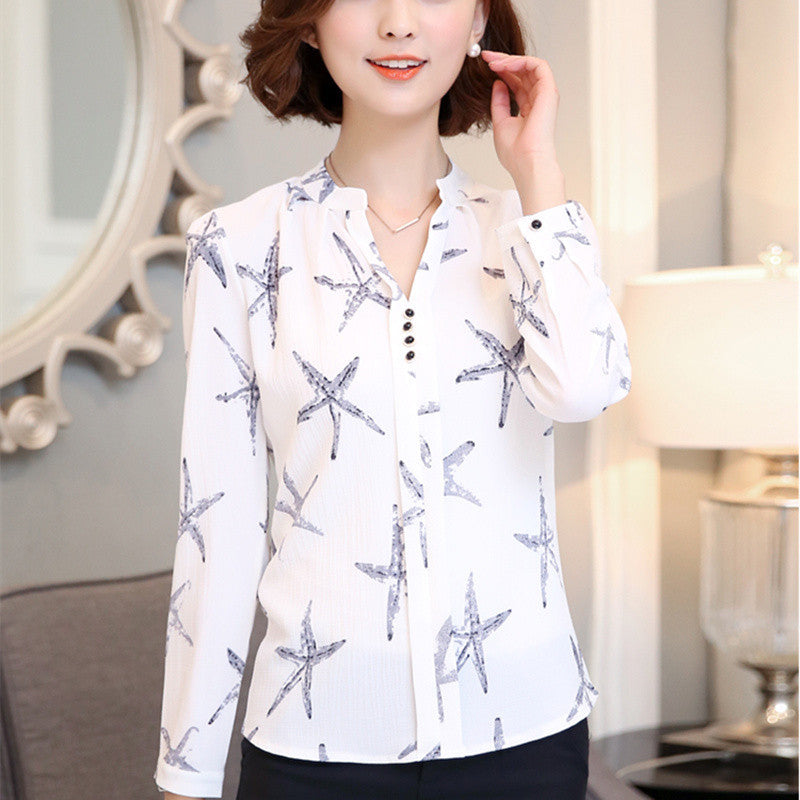 Chiffon Blouse Women Printed Plaid Shirts Long Sleeve Tops Plus Size Office Shirt