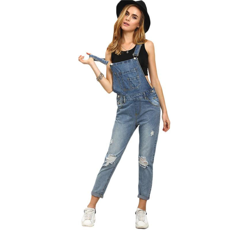 Online discount shop Australia - DIDK Women Jumpsuits and Rompers Sleeveless Womens Outfits Strap Blue Ripped Stone Wash Denim Overall Jumpsuit