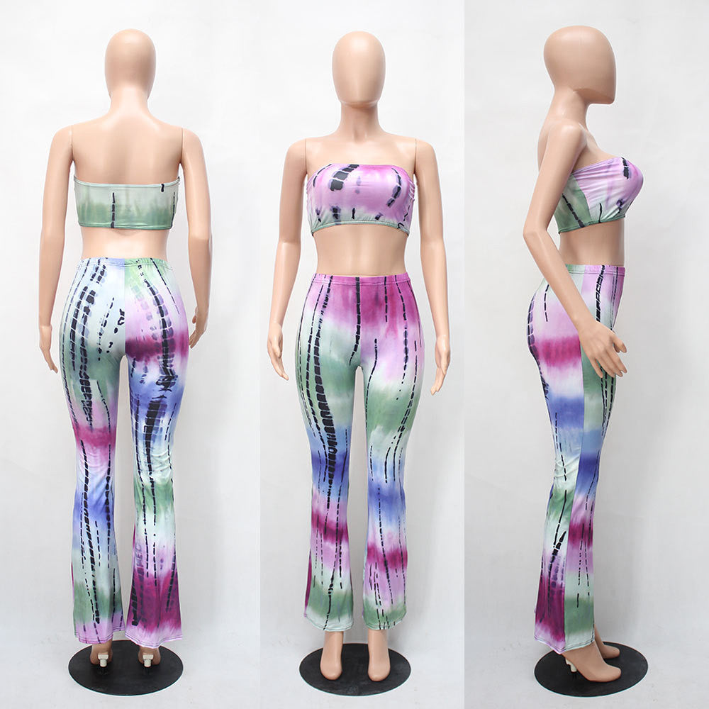 Online discount shop Australia - European and American Style Gradient Tie Dye Flare Pants for Women High Waist Wide Leg Long Trousers with Short Tops