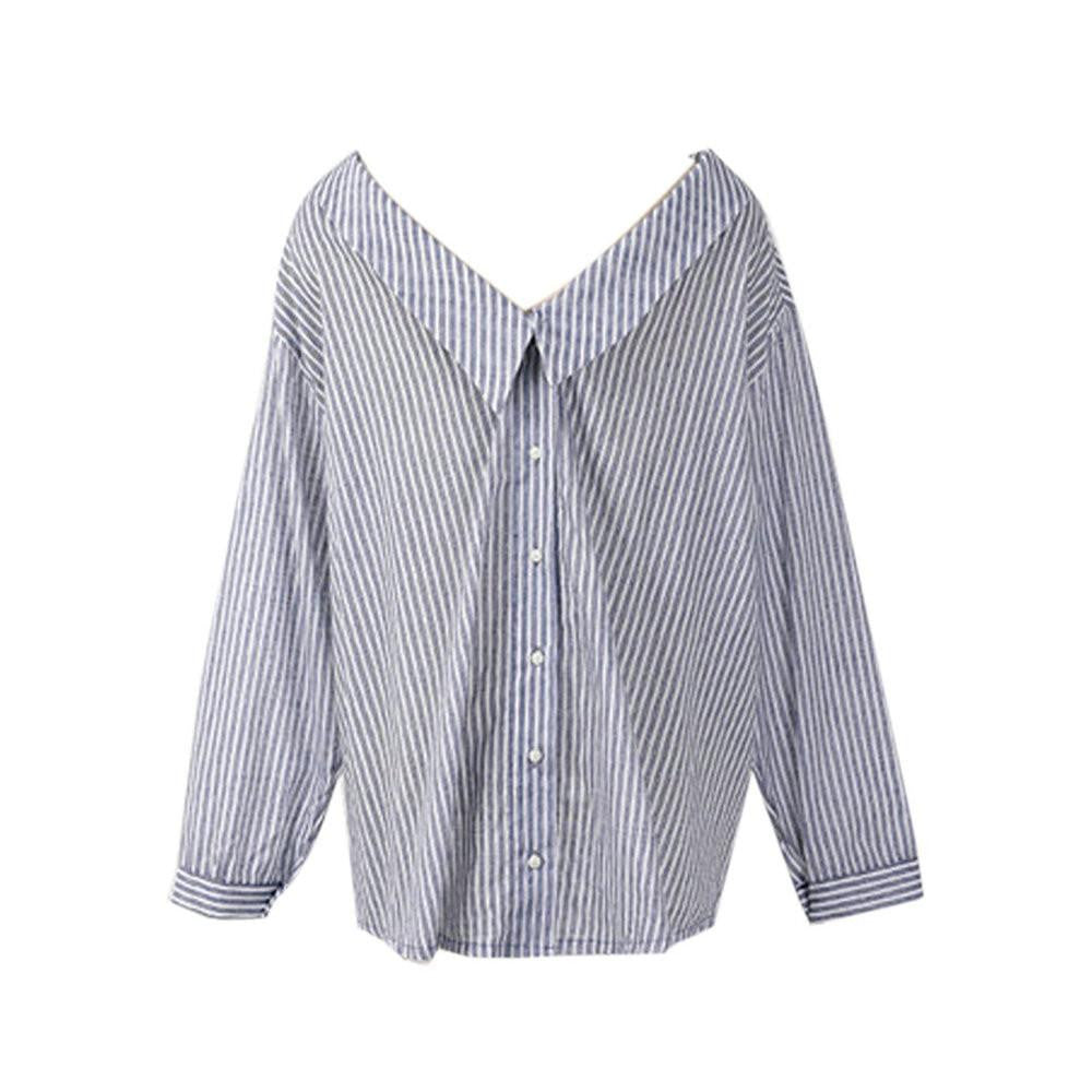 Shirt Long Sleeve Blue Striped Back Button Loose Casual Oversized Top Blouse Women Clothing