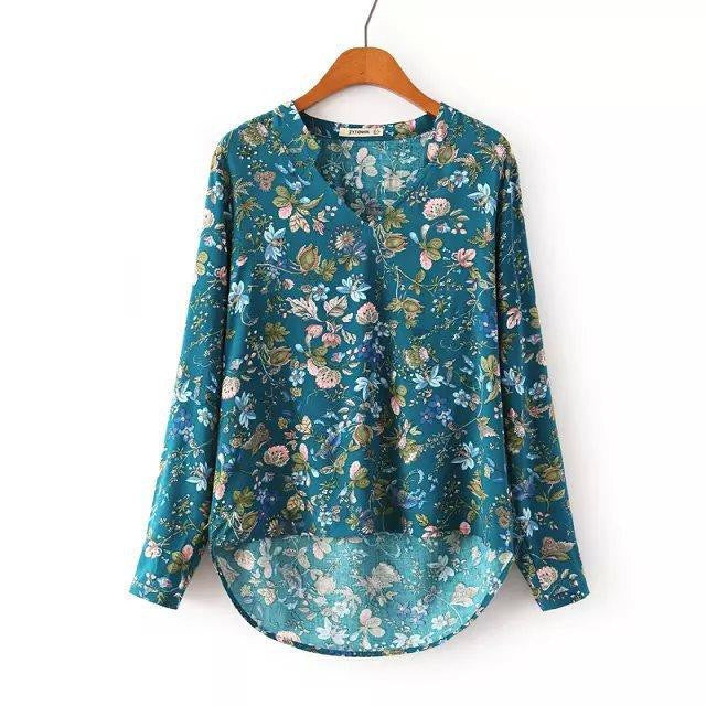 Women Vintage Floral Prints Long Sleeve V Neck Shirt OL Style Cotton Blouses Plus Size